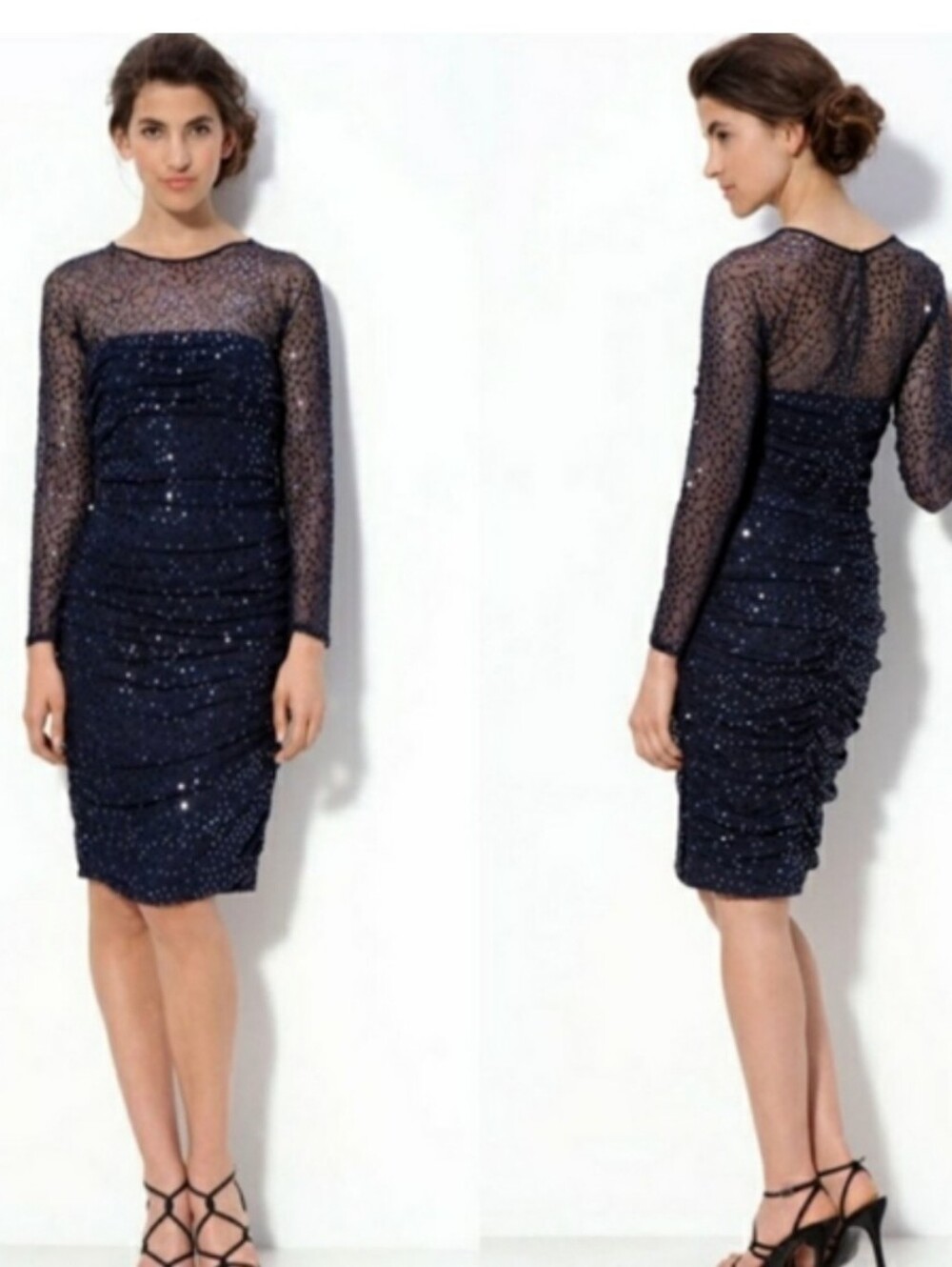 Tadashi Shoji navy sequin illusion neckline long sleeve sheath bodycon dress
